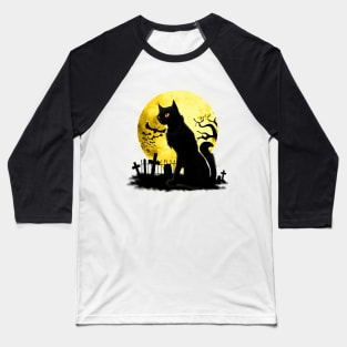 Full moon and black cat dark atmosphere in a scary cemetery Baseball T-Shirt